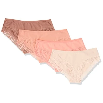 Imagen de Amazon Essentials Braga Hípster de Algodón y Encaje Mujer, Pack 4, Marrón/Rosa Asalmonado/Rosa Magenta Claro, 40