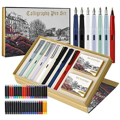 Imagen de GC QUILL MU 09 juego de 7 plumas estilográficas caligrafía con diferentes puntas y 40 cartuchos tinta, para principiantes