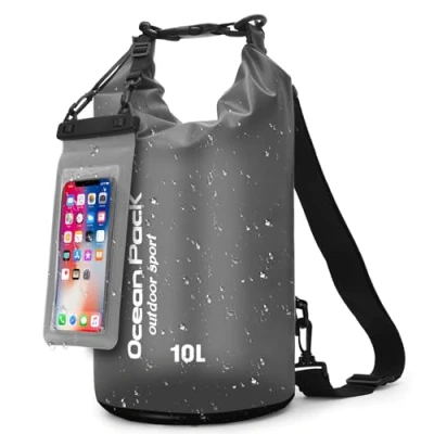 Imagen de KUOGAS Bolsa Estanca Impermeable con Móvil &amp; Correas Mochila para Outdoor, Camping Deportes Acuáticos 5L, 10L, 20L Playa (Negro, 10 L)