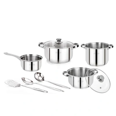 Imagen de Bateria de cocina, acero inoxidable, inducción, Lexia: cazo 16 (1.7 L), 2 cacerolas con tapa 2x20 (3.3 L y 4.2 L) 24cm (5.7 + 3 utensilios cocina: cucharón, cuchara cocina espátula ranurada