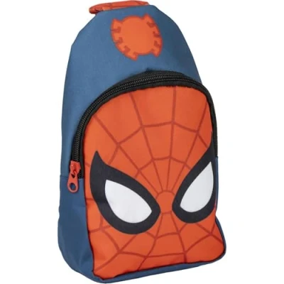 Imagen de Mochila Bandolera de Spiderman Color Azul y Rojo 13x23x7cm Fabricada en Poliéster Infantil con Asas Ajustables Compartimento Principal Producto Original Diseñado España