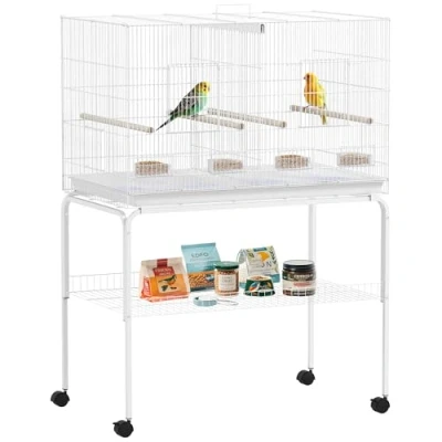 Imagen de PawHut Jaula para Pájaros con Divisor Ruedas Mascota Aves Loros Canarios Pajarera Comederos Perchas y Bandeja Extraíble 94x57x128 cm Negro