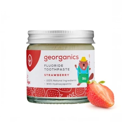 Imagen de Georganics pasta de dientes con flúor para niños hidroxiapatita, natural no espumosa fresa, lucha contra la caries, remineralizante, vegana y libre crueldad, certificada
