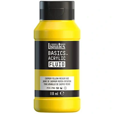 Imagen de Liquitex Basics Fluid Pintura acrílica de consistencia fluida, secado rápido, resistente a la luz, impermeable, acabado satinado permanente, bote 118 ml, tono amarillo cadmio medio