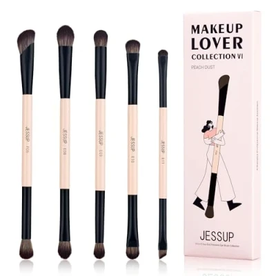 Imagen de Jessup Brochas de Maquillaje Ojos, 10 en 5 Doble Punta para Sombras ojos,Contorno,Difuminado,Delineador y Sombreado Pincel,Precisión Vegana Set Ojos Peach Dust T509