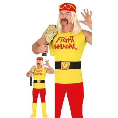 Imagen de FIESTAS GUIRCA Fight Maniac disfraz de carnaval para hombre rojo y amarillo campeón luchador talla M 48 50