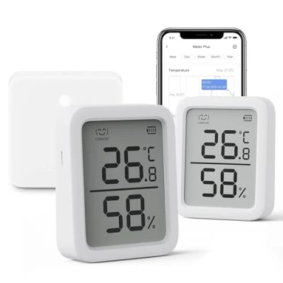 Imagen de SwitchBot WiFi Termómetro higrómetro 2 unidades y concentrador mini, sensor de humedad digital Bluetooth con alerta inteligente almacenamiento datos, pantalla LCD termohigrómetro