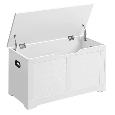 Imagen de VASAGLE Puff Almacenaje, Banco Almacenaje con 2 Bisagras de Seguridad, Baúl Zapatero, Estilo Campo, 40 x 80 46 cm, para Pasillo Dormitorio Salón, Blanco Nube LSB063T14