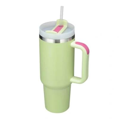 Imagen de vaso de doble pared acero inoxidable con aislamiento al vacío, 1200 ml, asa, pajita aislada, taza café, viaje, térmica para bebidas calientes frías (verde)