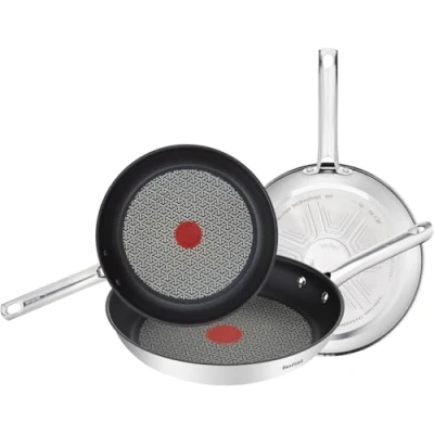 Imagen de Tefal Duetto ON Juego de 3 Sartenes 20/24/28 cm acero inoxidable, antiadherentes, base gruesa, reforzada a prueba impactos, fácil limpieza, apto para todo tipo cocinas