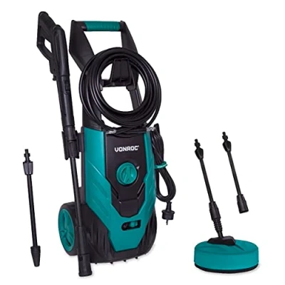 Imagen de VONROC Hidrolimpiadora a presión V18 2 1800W 140 bar 420 l/h Incl. 8m de manguera, tanque detergente integrado, limpiador patio, boquillas y accesorios