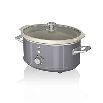 Imagen de Swan Retro SF17021GRN Olla Cocción Lenta 3,5L Recipiente Extraíble, Antiadherente Cerámica libre PFOA y PTFE, 3 Niveles Temperatura, Tapa Vidrio, Slow Cooker, Diseño Vintage, Gris, 200W