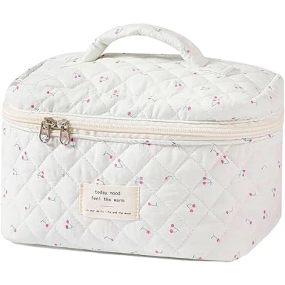 Imagen de FDEETY Neceser de Maquillaje Viaje Bolsa Cosméticos Grande Algodón para Mujeres Niñas Aseo Cubs Cerezas Floral con Cremallera Blanco