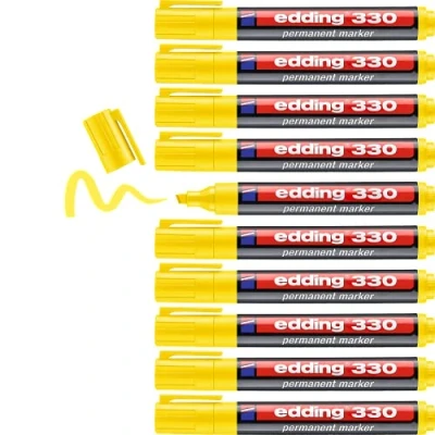 Imagen de edding 330 marcador permanente amarillo 10 rotuladores punta biselada 1 5 mm resistente al agua, de secado rápido, indelebles para cartón, plástico, vidrio, madera, metal
