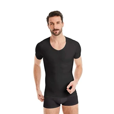 Imagen de FINN Camiseta Reductora para Hombre con Cuello en V Interior de compresión Manga Corta algodón Body Shaper un Vientre más Plano Ideal ginecomastia Negro XL