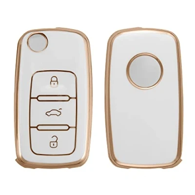Imagen de kwmobile Carcasa para Mando Compatible con VW Skoda Seat Llave de Coche 3 Botones Funda Llaves TPU Blanco/Dorado
