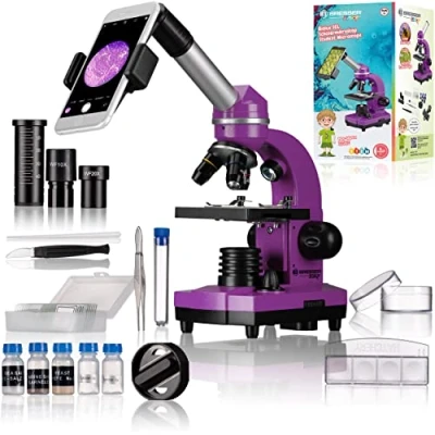Imagen de Bresser Microscopio para Estudiantes Biolux Sel con Soporte Smartphone, Ricos Accesorios y Sistema de Zoom Barlow niños, Principiantes Adultos, Color Morado