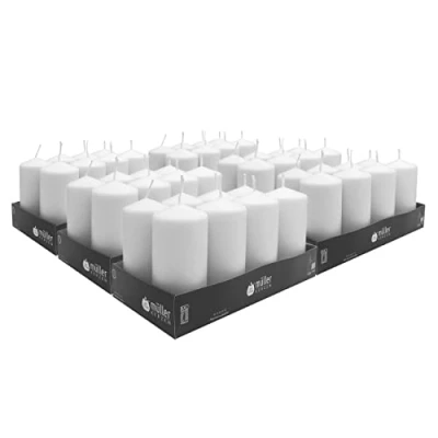 Imagen de Müller Kerzen velas blancas de columna cilíndrica, juego 48 color blanco, 120 x 57 mm, larga duración 32 horas, cera antigoteo, sin olor