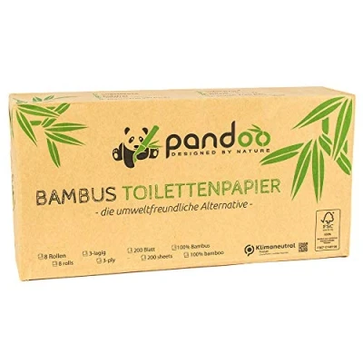 Imagen de pandoo papel higiénico 100 % bambú, sin madera, en embalaje plástico, de 3 capas y suave, 12 x 8 rollos 200 hojas (96 rollos)