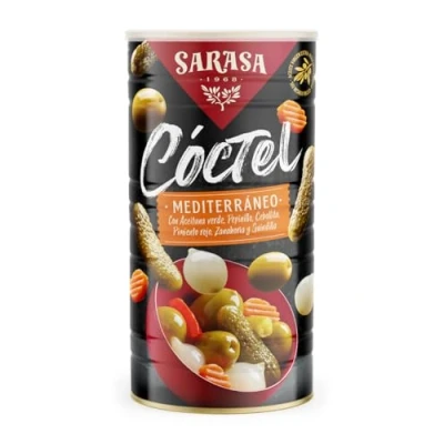 Imagen de Cóctel Mediterráneo Mix de aceituna verde, cebollita, pepinillo, pimiento, zanahoria y guindilla Sarasa (PESO NETO350g ESCURRIDO180g), 6 LATAS)