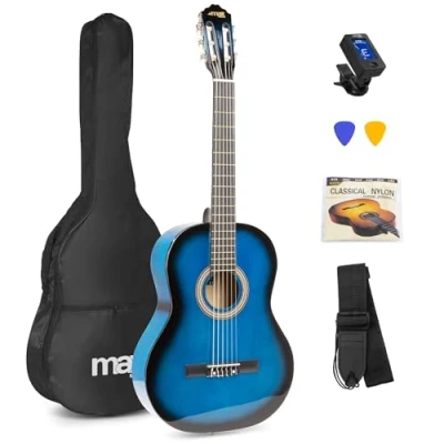 Imagen de MAX SoloArt Guitarra clasica con cuerdas de nailon para Principiantes Adultos flamenca Funda, Afinador, Púa, Correa y Accesorios Española 4/4 en color azul