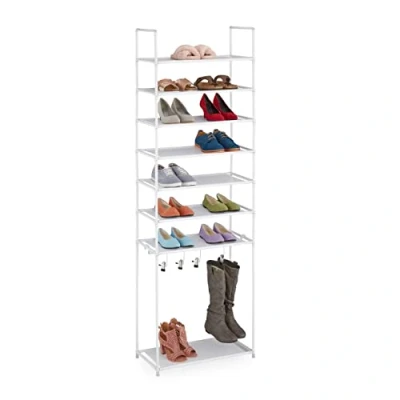 Imagen de Relaxdays Zapatero Botas 8 Baldas, Sistema de Encajado, 16 Pares Zapatos, 4 Ganchos, Metal y Tela, Color Blanco, Tejida, 186 x 60 30 cm