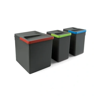 Imagen de EMUCA Contenedores para cajón de cocina Recycle, Basura con tapa anti olores, H 266 mm (1 x 15 L + 2 x7 L), Plástico gris antracita
