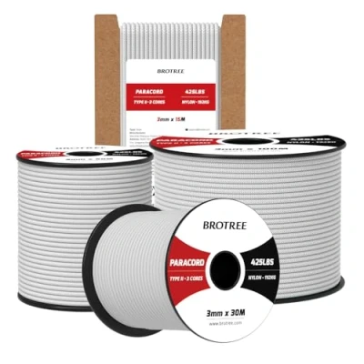 Imagen de Brotree Paracord 3mm 15M Cuerda 100% Nylon Tipo II 3 Hebras 425 para Exterior, Bricolaje 192 kg Carga de Rotura (Blanco)