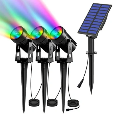 Imagen de T SUN Luces Solares LED Exterior Jardin, 3 en 1 Foco Solar con RGB 6 Cambio de Color 2 Nivels Brillo Ajustables Impermeable 270º Gran Angular Luz Iluminación para Camino Césped Entrada.