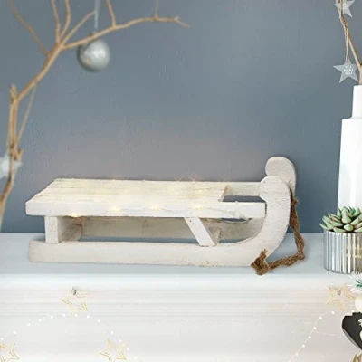 Imagen de ECD Germany Trineo Decorativo En Madera Blanco con Cadena De Luces 25 Leds Cálido 31,5 x 14,5 10,5 cm Decoración Navideña Funciona Pilas Temporizador 6 Horas Navidad Deco