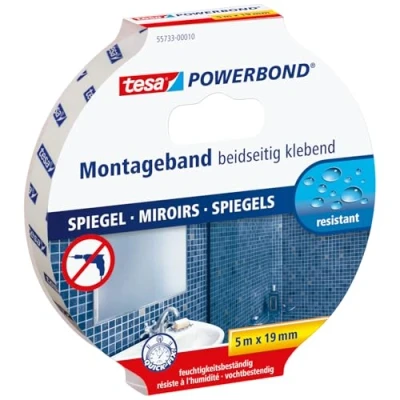 Imagen de tesa Powerbond Cinta Doble Cara Espejos, para Adhesiva Resistente a la Humedad Baños y Duchas, 5 m x 19 mm