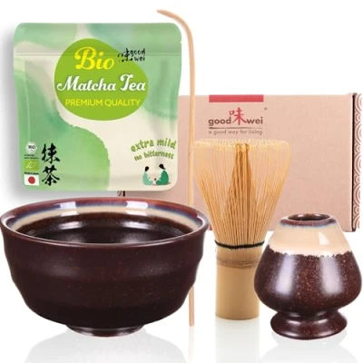 Imagen de Goodwei BIO Matcha Juego de té japonés orgánico Vert con batidor bambú, taza Tazón artístico Caja regalo (Kumo, Soporte Batidor)