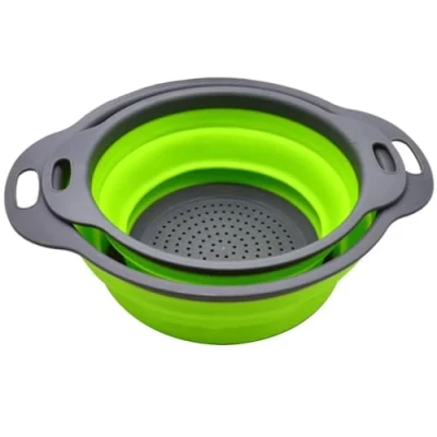 Imagen de colador plegable, juego de 2 coladores plegables, cocina que ahorra espacio, plegable silicona grado alimenticio con mango (verde)
