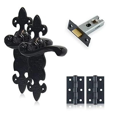 Imagen de XFORT Smithy&#039;s Range Fleur de LYS pestillo palanca color negro antiguo, juego completo con manijas puerta, tubular 65 mm y bisagras tope 75 mm, puerta