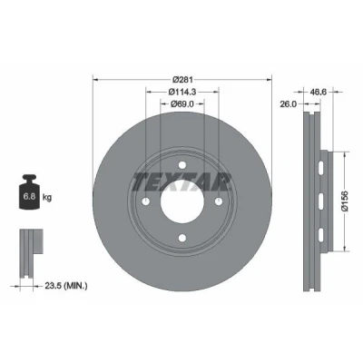 Imagen de TEXTAR 92204400 Disco de freno 281 26 04/04 114,3 ventilación externa sin perno sujeción rueda, buje rueda SMART: Forfour I