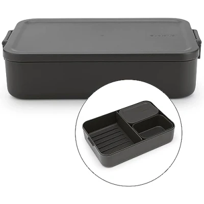 Imagen de Brabantia Make &amp; Take Fiambrera Bento Grande Compartimentos Extraíbles Tapa con Clips Apta para Congelador, Microondas Lavavajillas Gris oscuro 25,5 x 16,7 6,2 cm