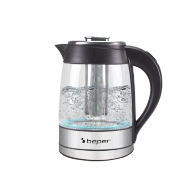 Imagen de BEPER BB.103 Hervidor de agua eléctrico vidrio 1,8 L, 2200 W, Filtro extraíble, Indicador agua, Apagado automático, Protección contra sobrecalentamiento, Encendido único, Negro