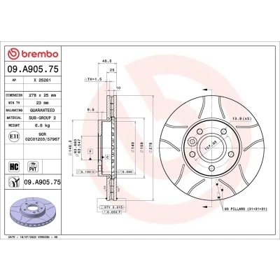 Imagen de BREMBO 09.A905.75 Disco de freno 278 25 5 ventilación interna, ranurado revestido altamente carbonizado FORD: FOCUS 3, C Max 2, 3 Turnier