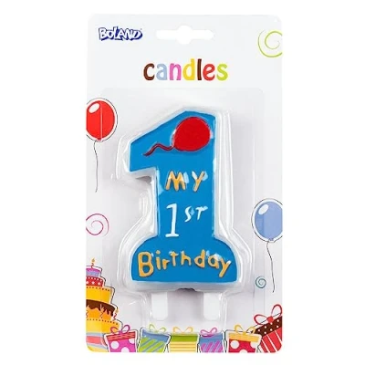 Imagen de Boland 63411 vela de cumpleaños Mi 1er cumpleaños, número 1, con portavelas, tapón, azul, globo, infantil, mini velas, pastel, jardín infancia