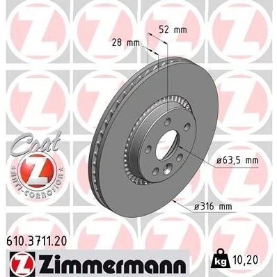 Imagen de ZIMMERMANN COAT Z 610.3711.20 Disco de freno 316 28 6/5 5 108 ventilación externa revestido VOLVO: V60 I, S80 II, S60 FORD: S Max Mk1