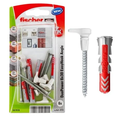 Imagen de fischer EasyHook Angle K (6), Juego de 6 tornillos y tacos DuoPower x 30, con gancho en ángulo, para tablero aglomerado instalar numerosos materiales construcción