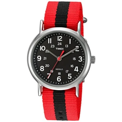 Imagen de Timex My Reloj de 38 mm para hombre, correa nailon rojo, esfera negra, caja en tono plateado TWC030800