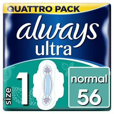 Imagen de Always Toallas sanitarias ultra normales con alas 56 almohadillas súper absorbentes, neutralizan los olores, finas, tamaño 1