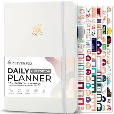 Imagen de Clever Fox Agenda diaria 2ª edición, organizador de tareas bloque tiempo sin fecha con horario y lista pendientes, A5, 6 meses (blanco)