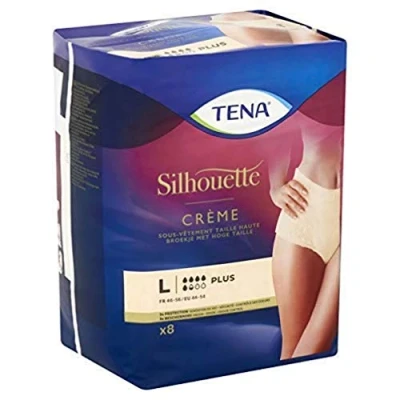 Imagen de TENA Silhouette Plus cintura alta ropa interior absorbente desechable para incontinencia femenina posparto fugas de vejiga moderadas a pesadas crema talla L 1 paquete 8 piezas