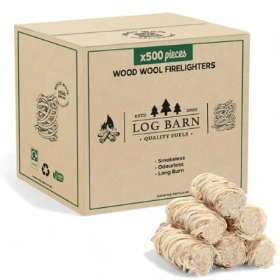 Imagen de Log Barn Encendedores Naturales Caja de 500, Pastillas Encendido para Barbacoa, Estufas Leña, Hornos Pizza, Chimeneas, Lana Madera Encender Fuego Auténtica Leña