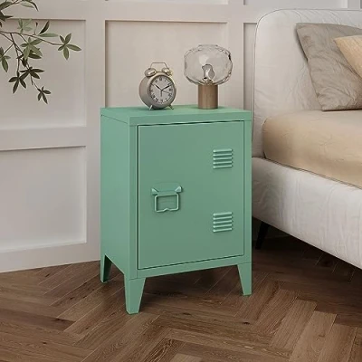 Imagen de [en.casa] Mesa de Noche Inari con Cerradura Magnética Auxiliar 2 Compartimientos para Salón Oficina Baño Ventilación Óptima 57 x 40 30 cm Acero Verde Pastel Mate