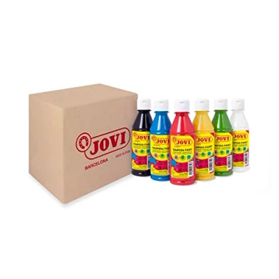 Imagen de Jovi Témpera líquida, Estuche 6 botes de 250ml, Colores Primarios, Pintura a base ingredientes naturales, Fácil lavar, Sin gluten, Ideal para uso escolar (502/6A)