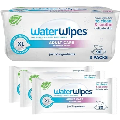 Imagen de WaterWipes Cuidado Sensible para Adultos Toallitas húmedas, 90 (3 Packs), Extra grandes, con Base de Agua, diseñadas Limpieza todo el Cuerpo
