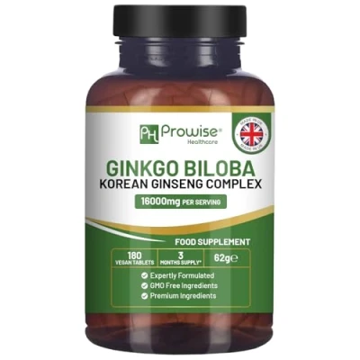 Imagen de Comprimidos de Ginkgo Biloba y ginseng coreano 8000mg 180 Veganos 6000 mg raíz 2000 Reino Unido Fabricado por Prowise Healthcare